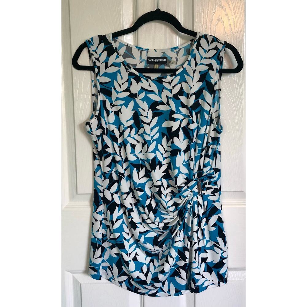 Karl Lagerfeld Paris Floral Print Tank w/ Ruching & Silver Logo Detail - Medium